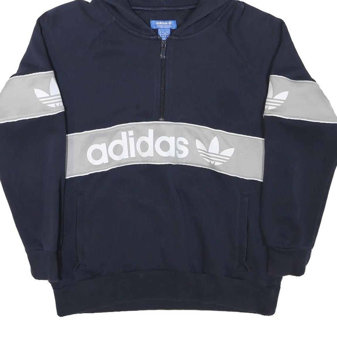 ADIDAS Womens Navy Blue & Grey Cotton Blend Hoodie UK 12 ¼ Zip Casual