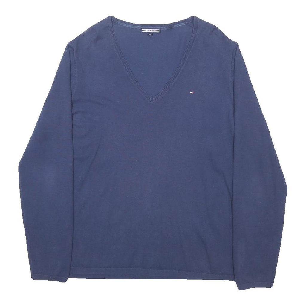 TOMMY HILFIGER Womens Navy Plain V-Neck Basic Knit 2XL Cotton Blend Jumper