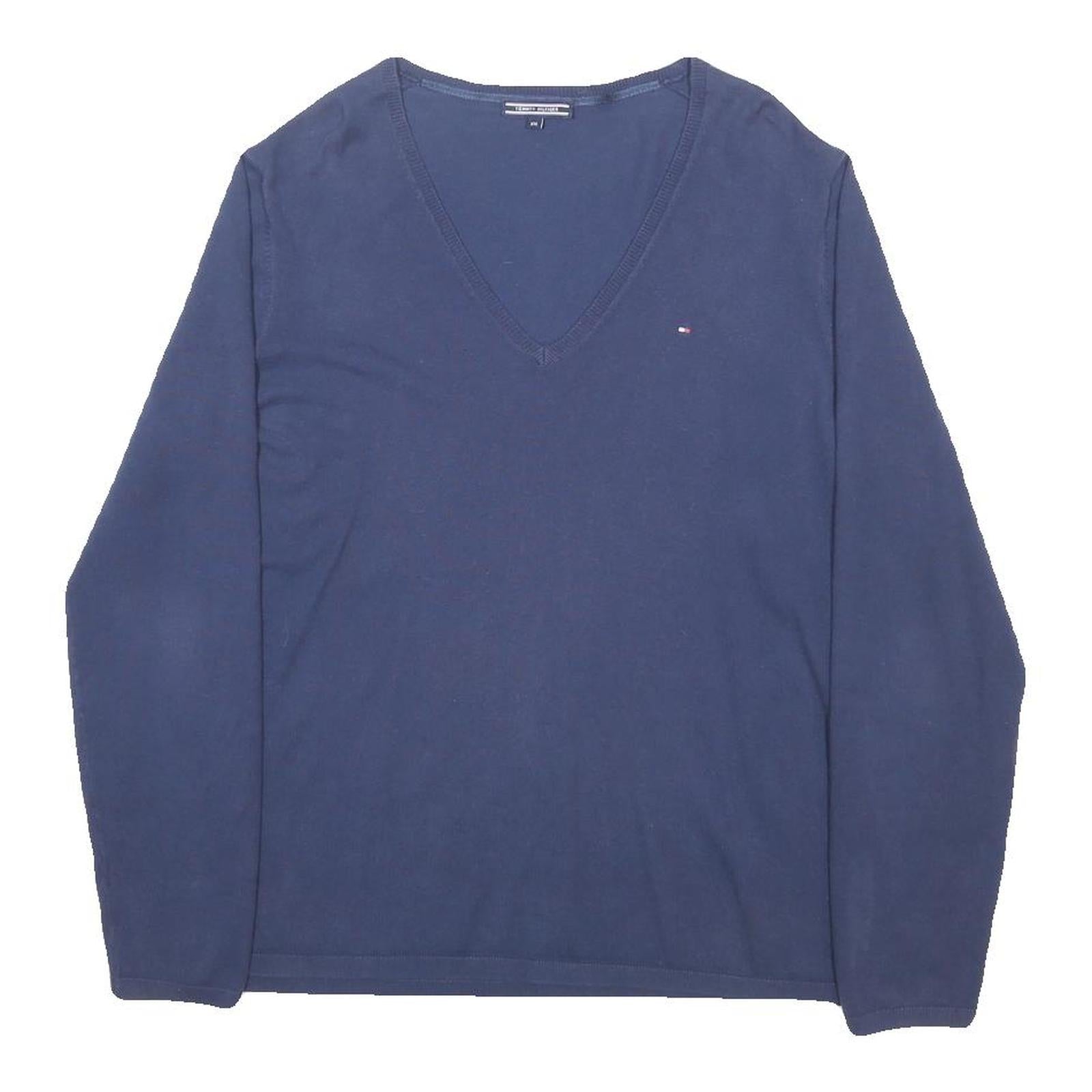 TOMMY HILFIGER Womens Navy Plain V-Neck Basic Knit 2XL Cotton Blend Jumper