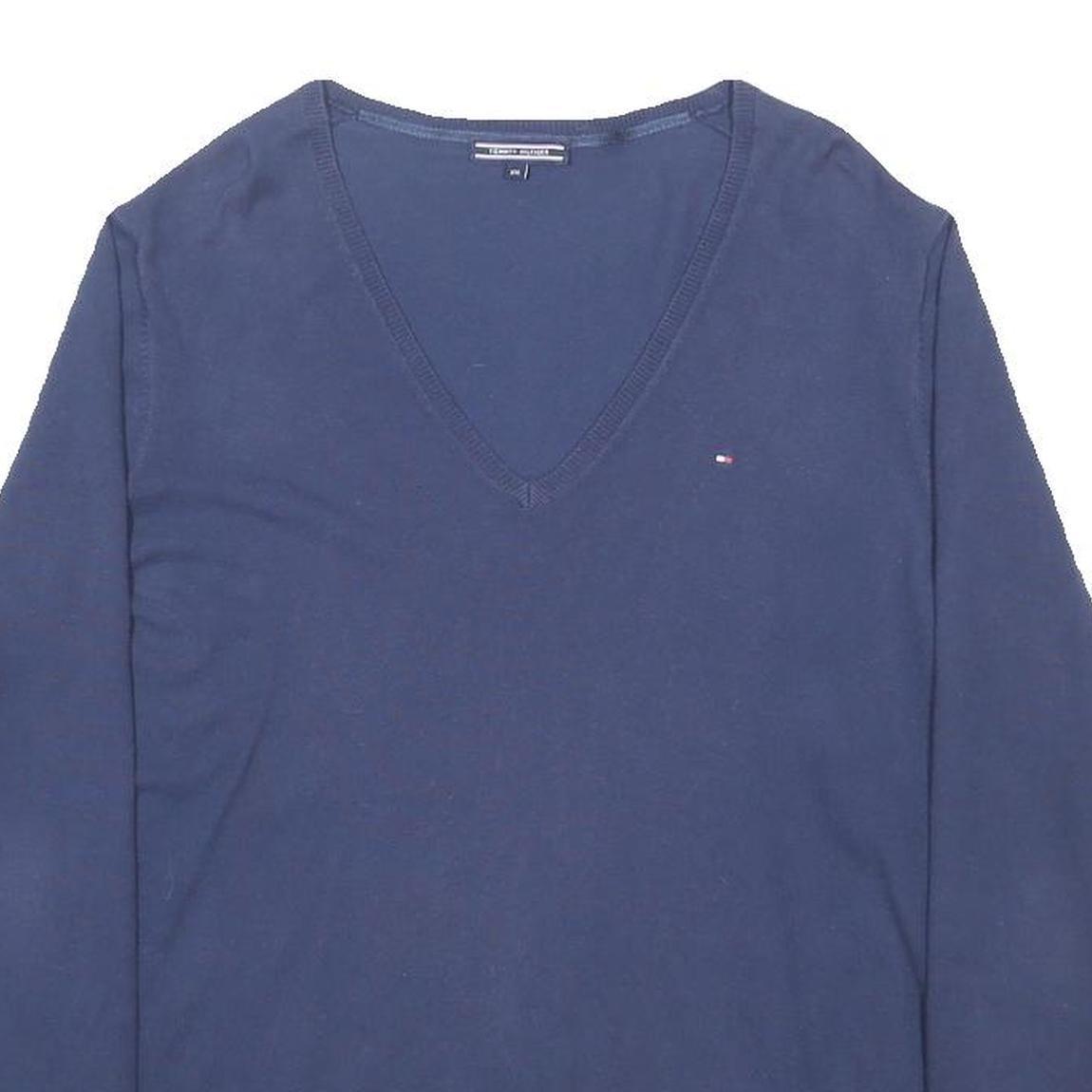 TOMMY HILFIGER Womens Navy Plain V-Neck Basic Knit 2XL Cotton Blend Jumper