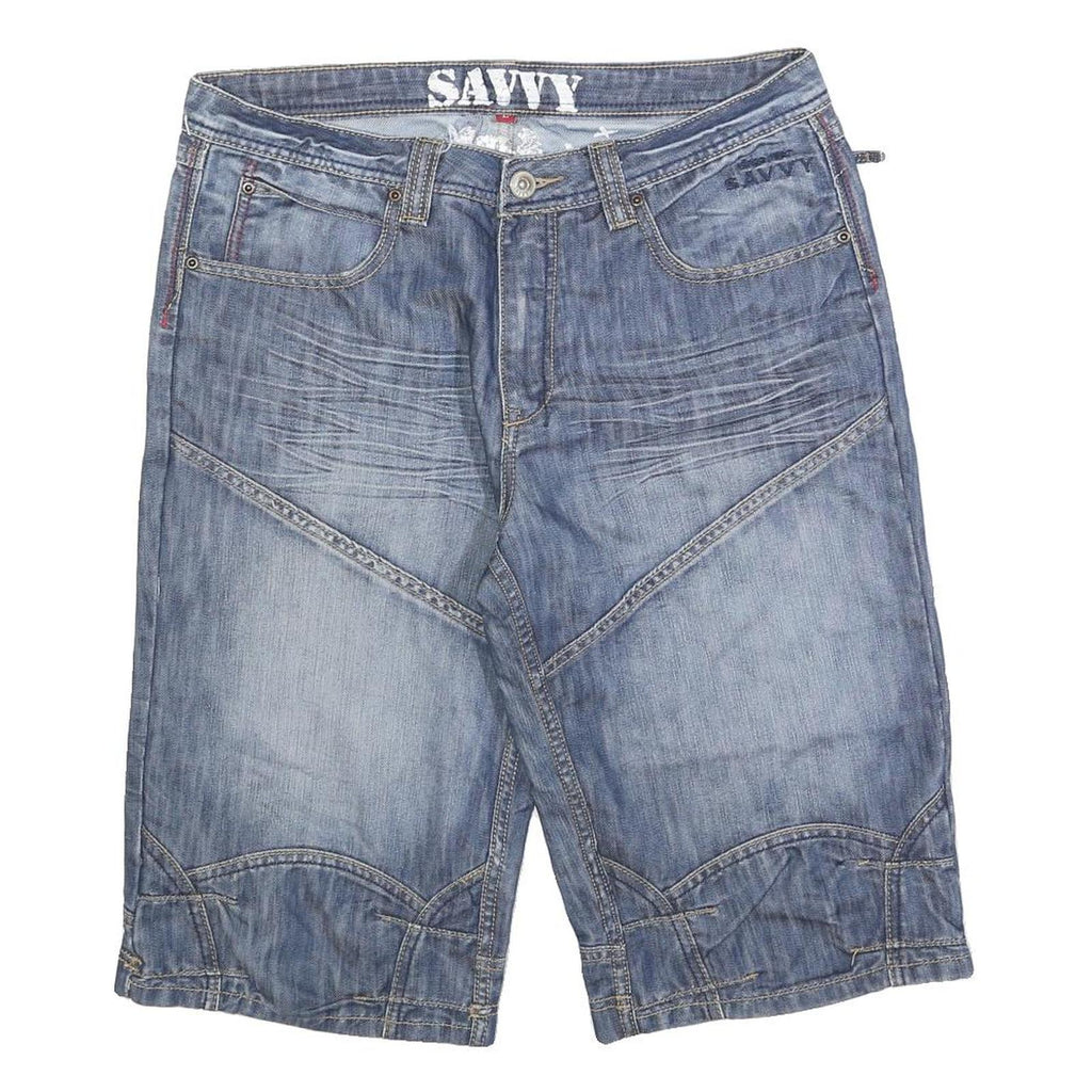 SAVVY Mens Denim Blue Casual Cotton Blend Shorts L W34 Stylish Comfort Fit