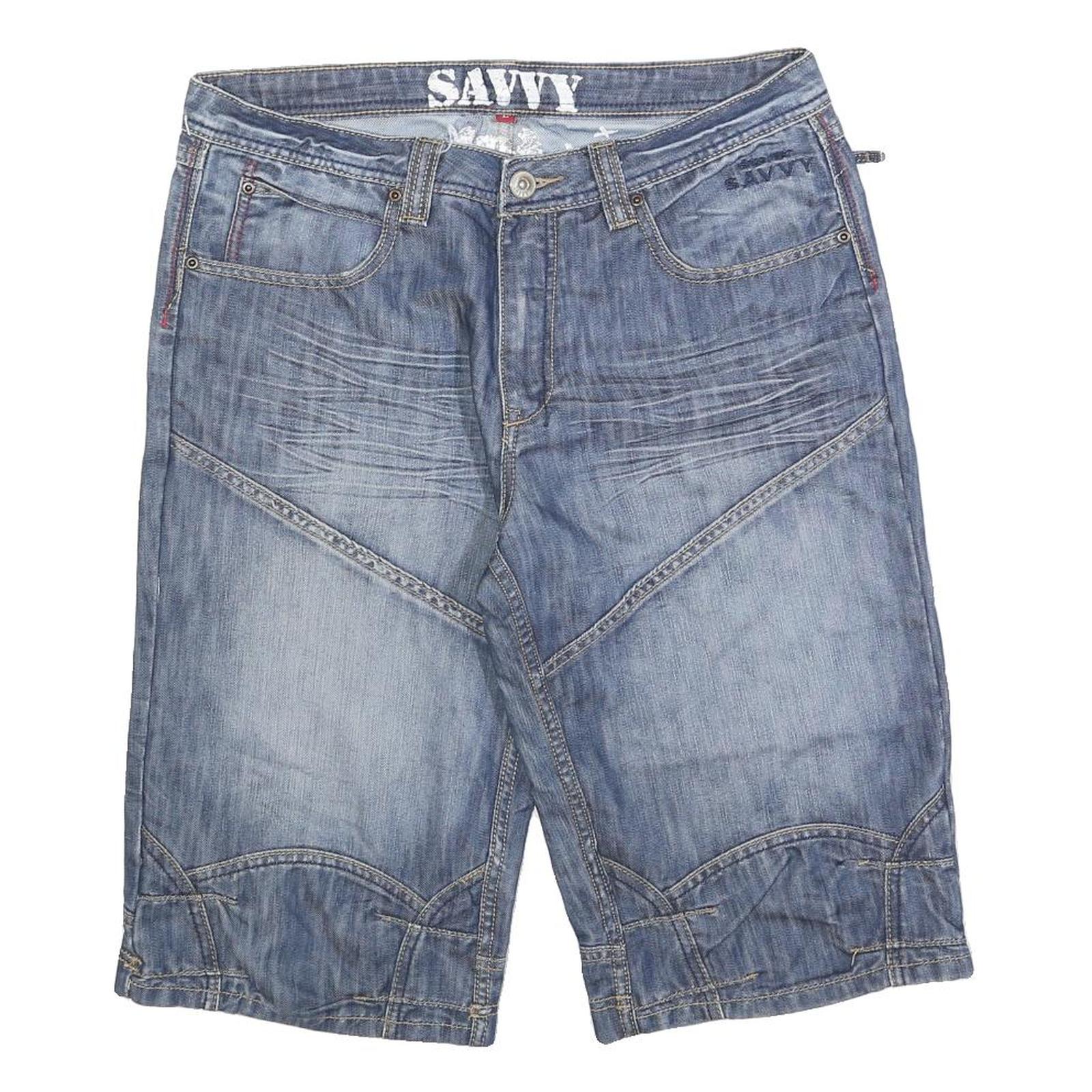 SAVVY Mens Denim Blue Casual Cotton Blend Shorts L W34 Stylish Comfort Fit