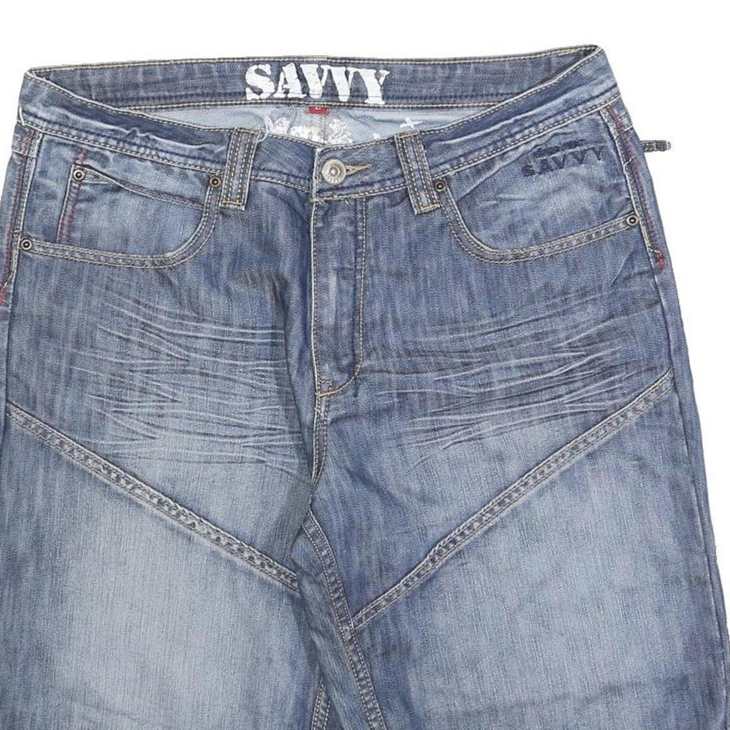 SAVVY Mens Denim Blue Casual Cotton Blend Shorts L W34 Stylish Comfort Fit