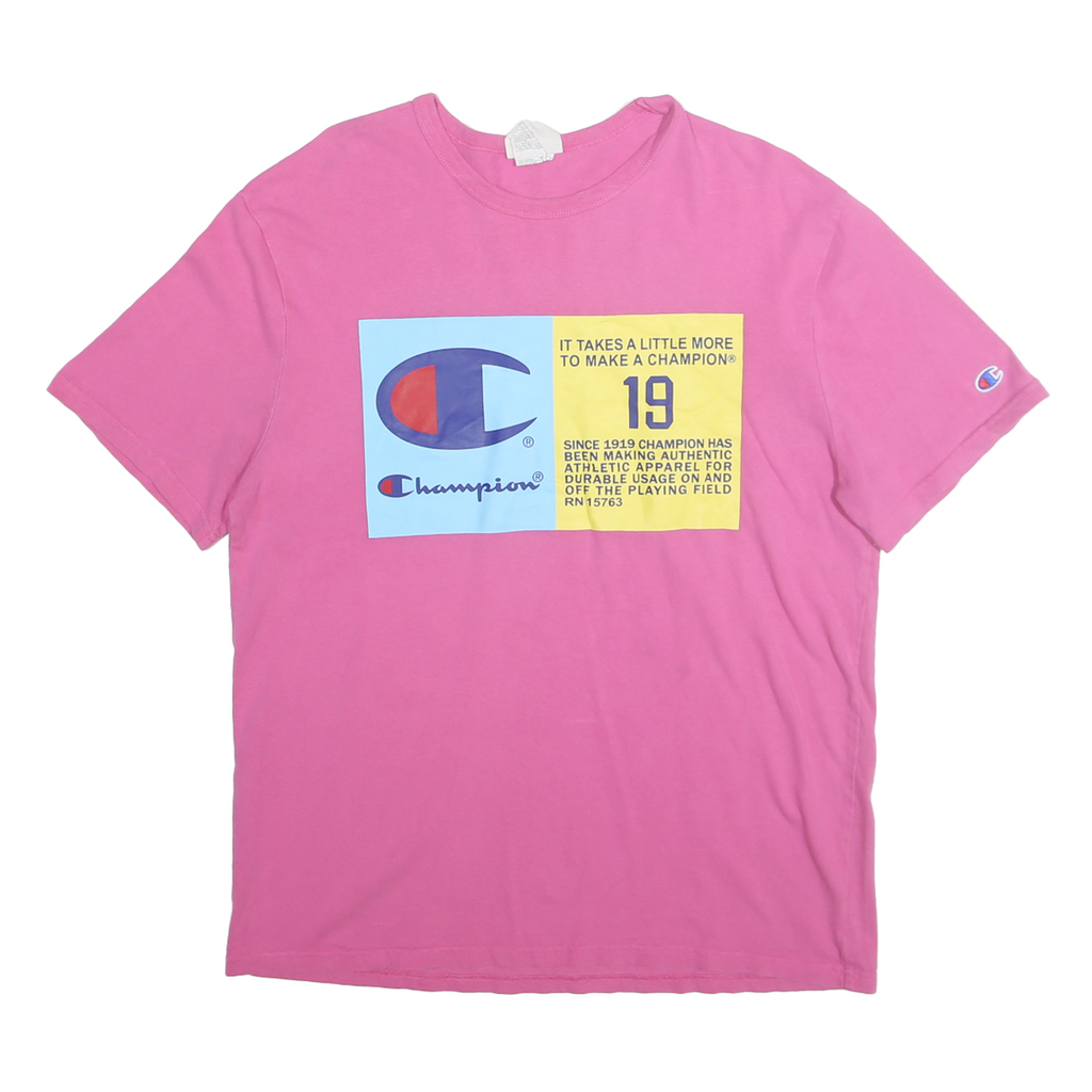 CHAMPION Mens Pink Graphic T-Shirt L Short Sleeve Crew Neck Cotton