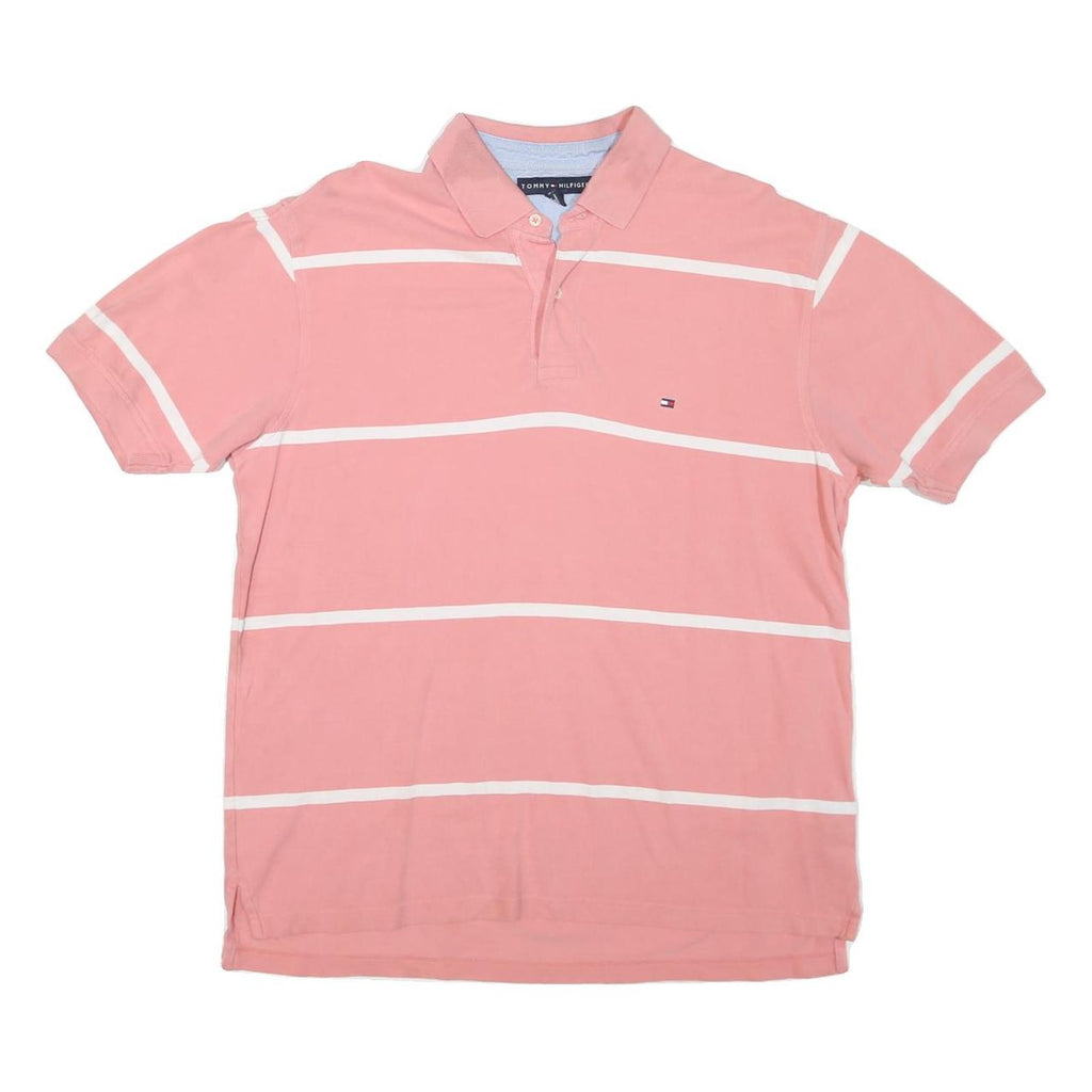 TOMMY HILFIGER Mens Pink & White Stripe Short Sleeve Polo Shirt L Classic