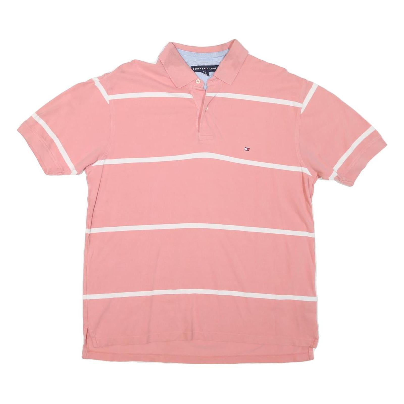 TOMMY HILFIGER Mens Pink & White Stripe Short Sleeve Polo Shirt L Classic