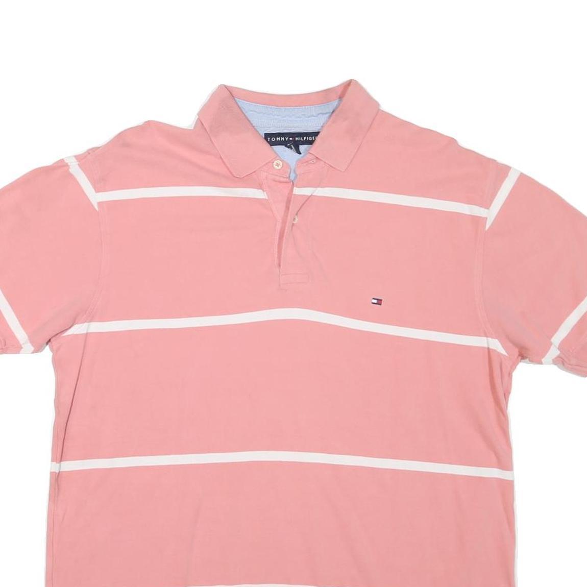 TOMMY HILFIGER Mens Pink & White Stripe Short Sleeve Polo Shirt L Classic