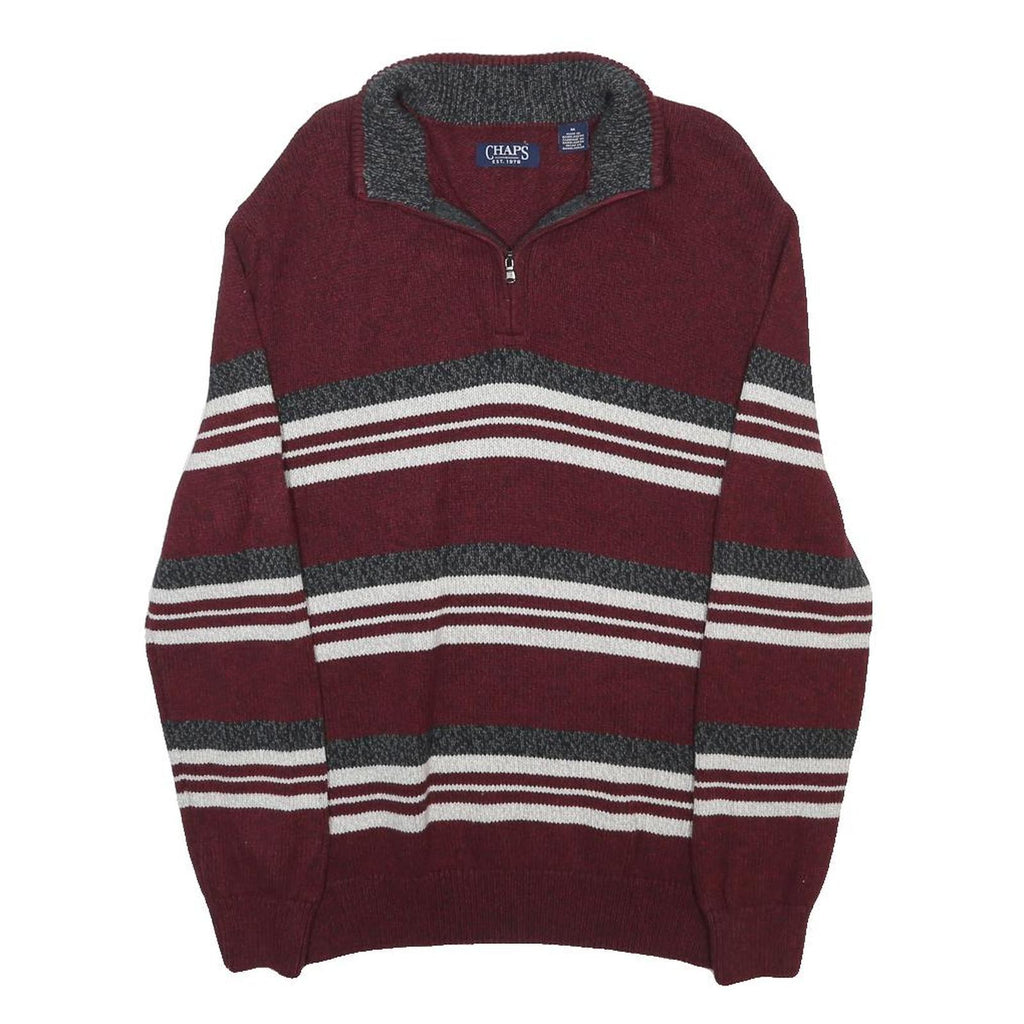 CHAPS Mens Maroon & Grey Striped Patterned Half Zip Plain Cotton Jumper M