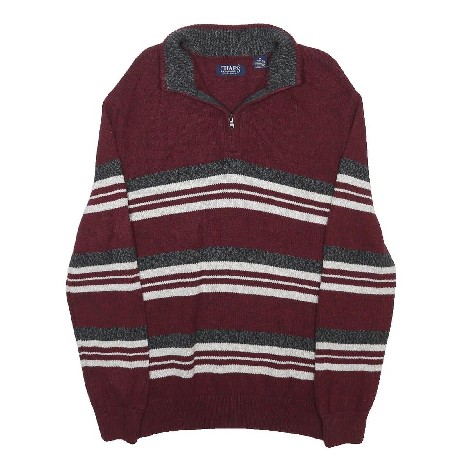 CHAPS Mens Maroon & Grey Striped Patterned Half Zip Plain Cotton Jumper M