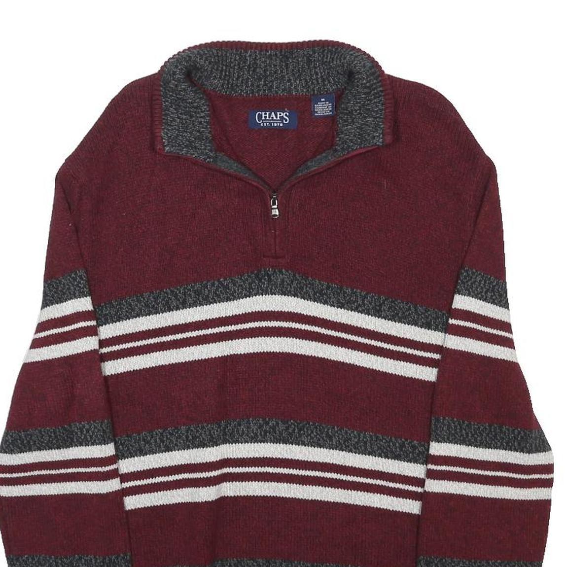 CHAPS Mens Maroon & Grey Striped Patterned Half Zip Plain Cotton Jumper M