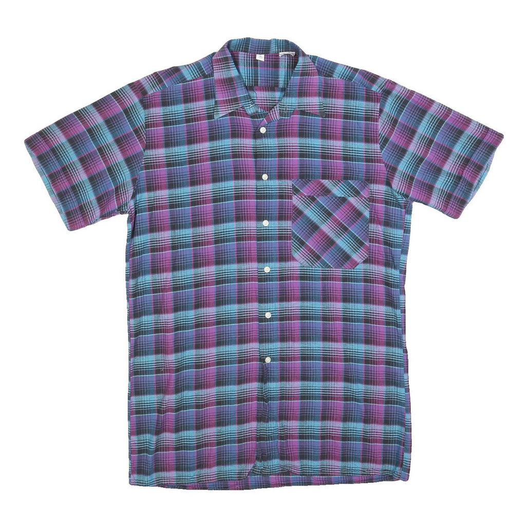 Mens Blue & Purple Check Cotton Shirt M Short Sleeve Button Pocket Casual