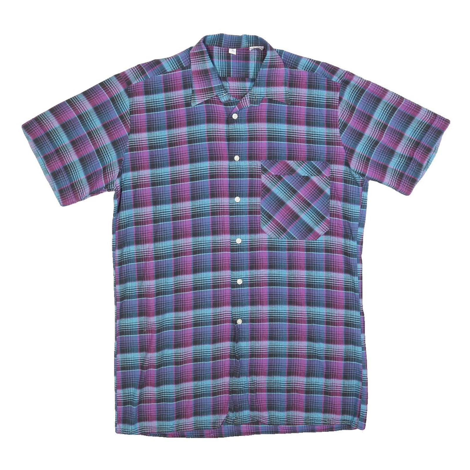 Mens Blue & Purple Check Cotton Shirt M Short Sleeve Button Pocket Casual