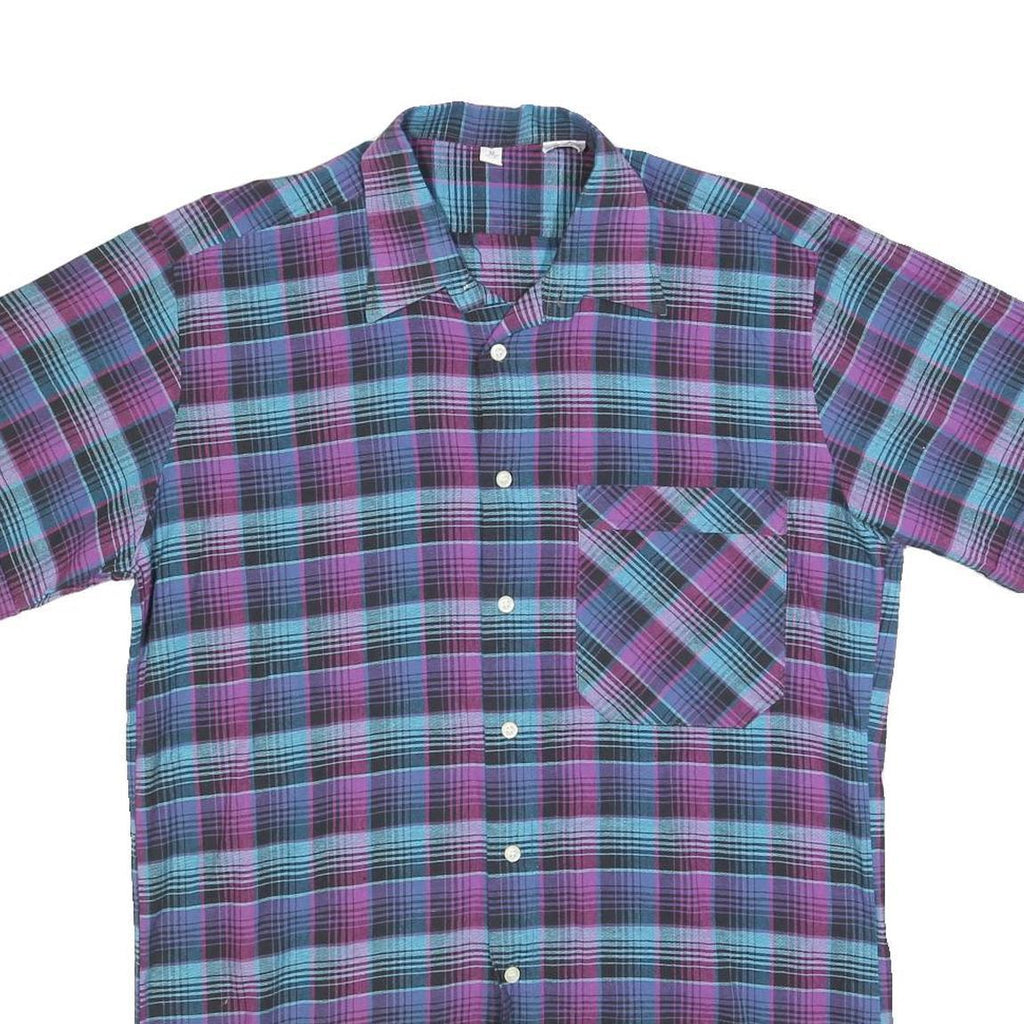Mens Blue & Purple Check Cotton Shirt M Short Sleeve Button Pocket Casual