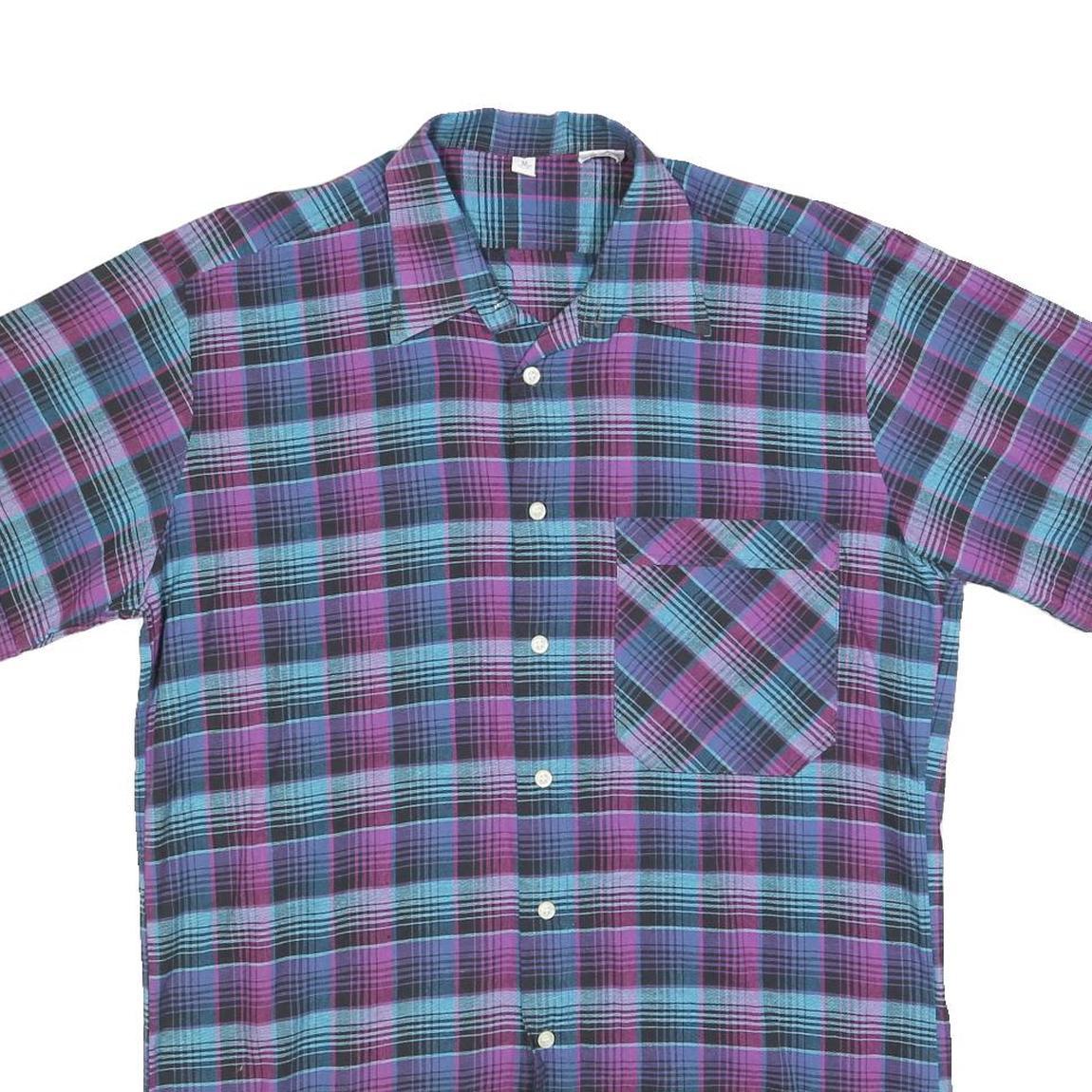 Mens Blue & Purple Check Cotton Shirt M Short Sleeve Button Pocket Casual