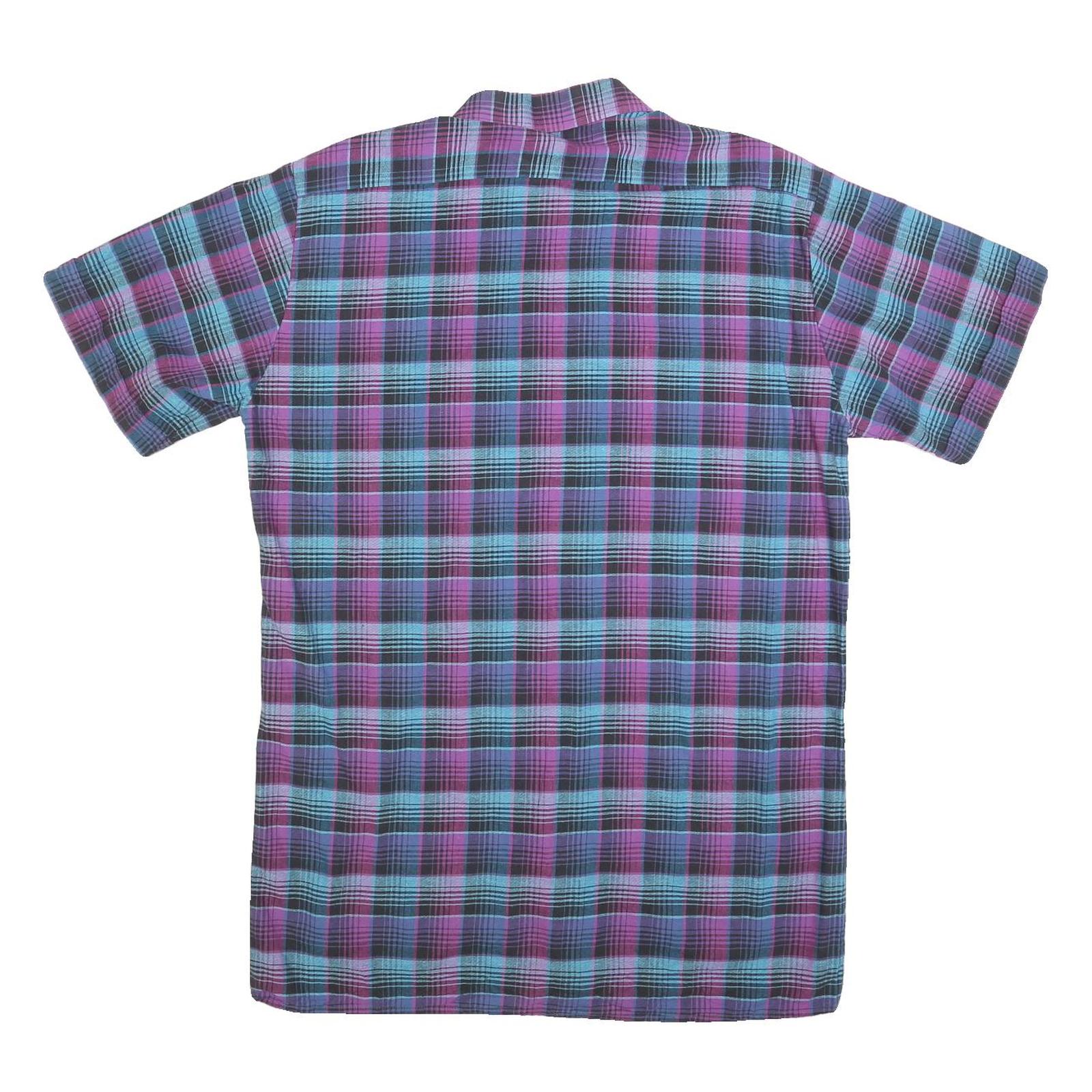 Mens Blue & Purple Check Cotton Shirt M Short Sleeve Button Pocket Casual