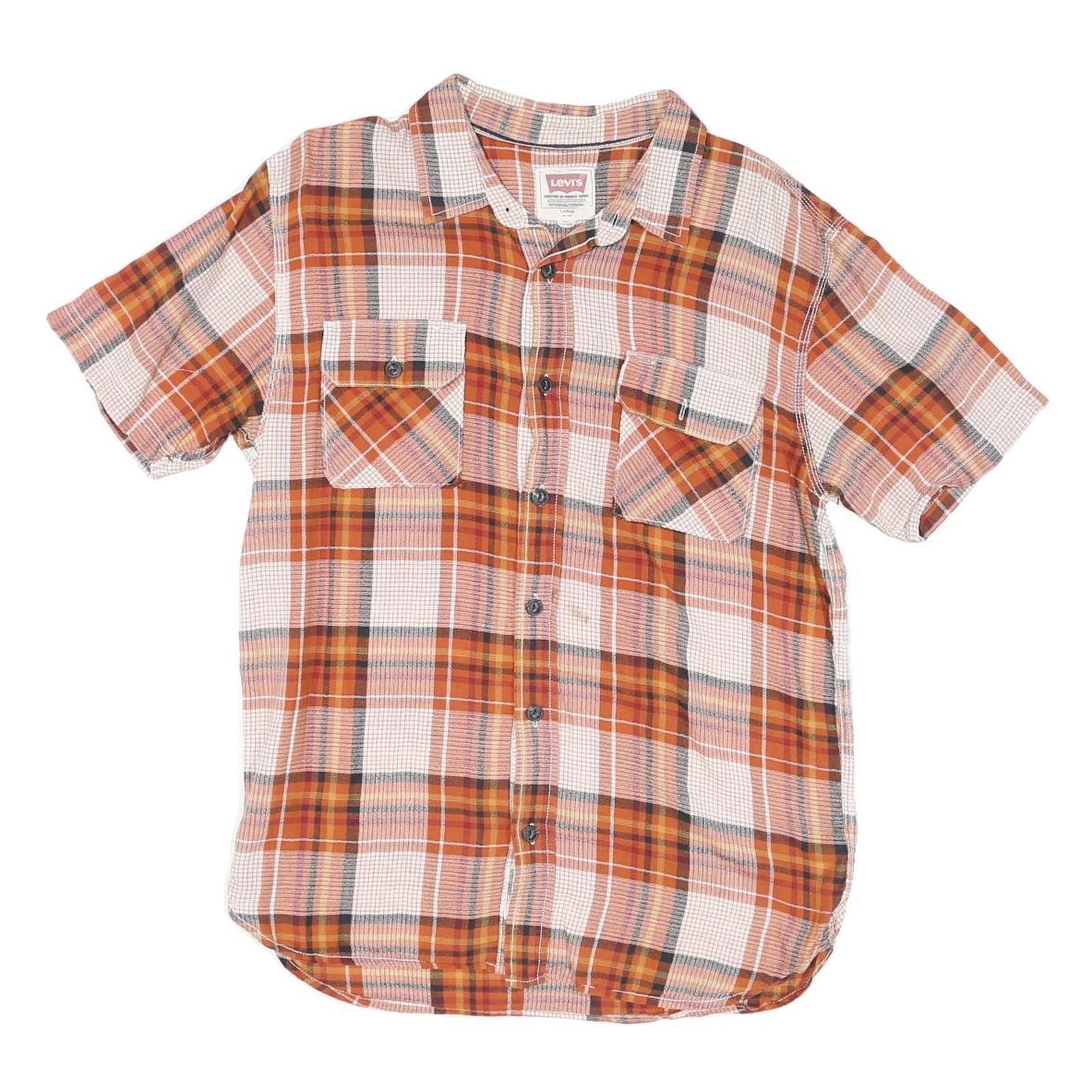 LEVI'S Mens Orange & Brown Plaid Cotton Blend Shirt L Short Sleeve Casual