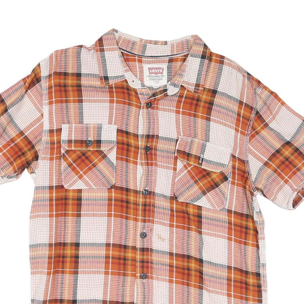 LEVI'S Mens Orange & Brown Plaid Cotton Blend Shirt L Short Sleeve Casual