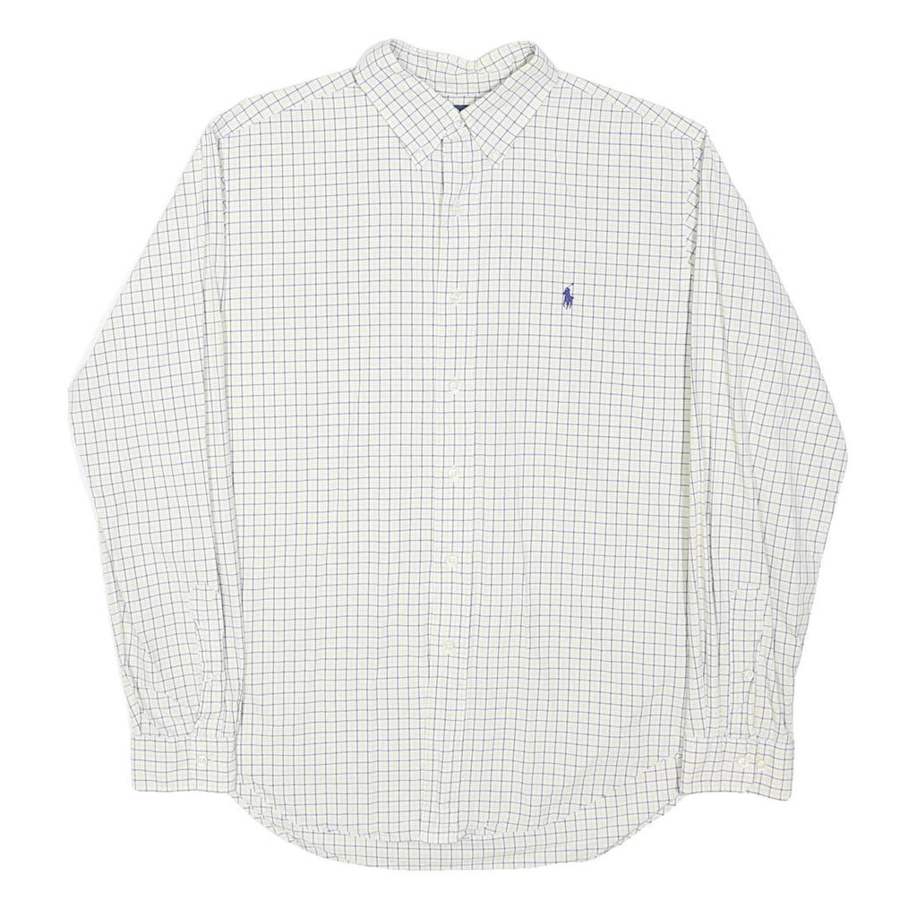 RALPH LAUREN Mens White & Blue Check Shirt L Classic Cotton Long Sleeve Polo