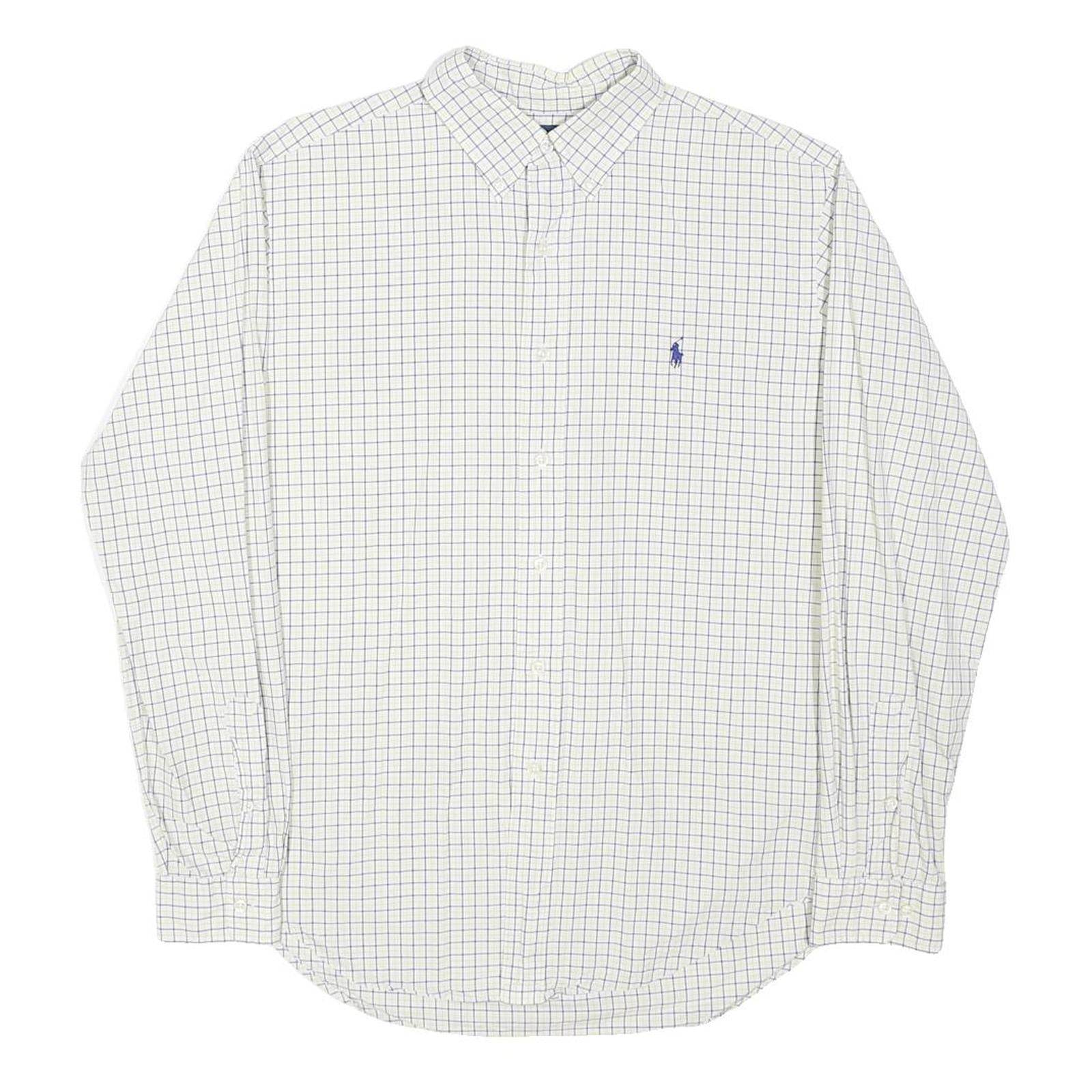 RALPH LAUREN Mens White & Blue Check Shirt L Classic Cotton Long Sleeve Polo