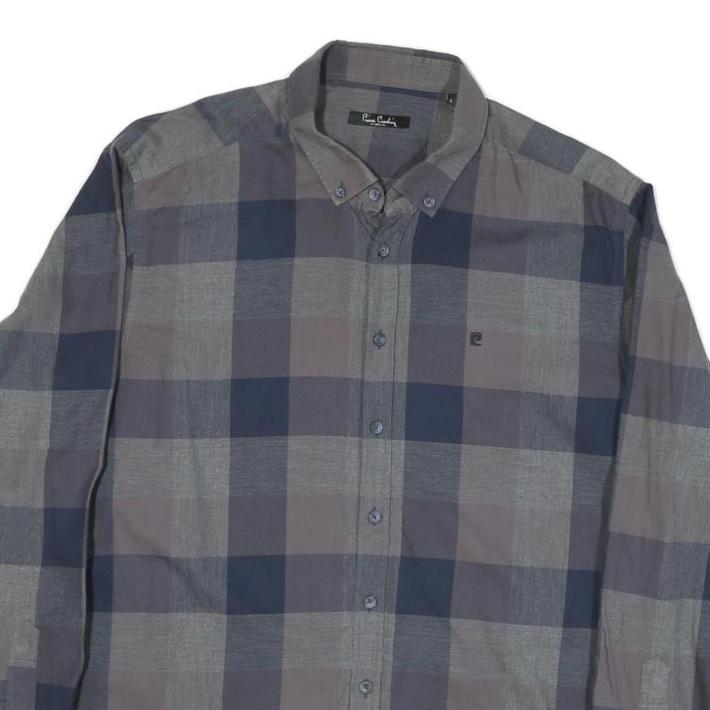 PIERRE CARDIN Mens Grey & Blue Check Shirt L Button-Down Collar Long Sleeve