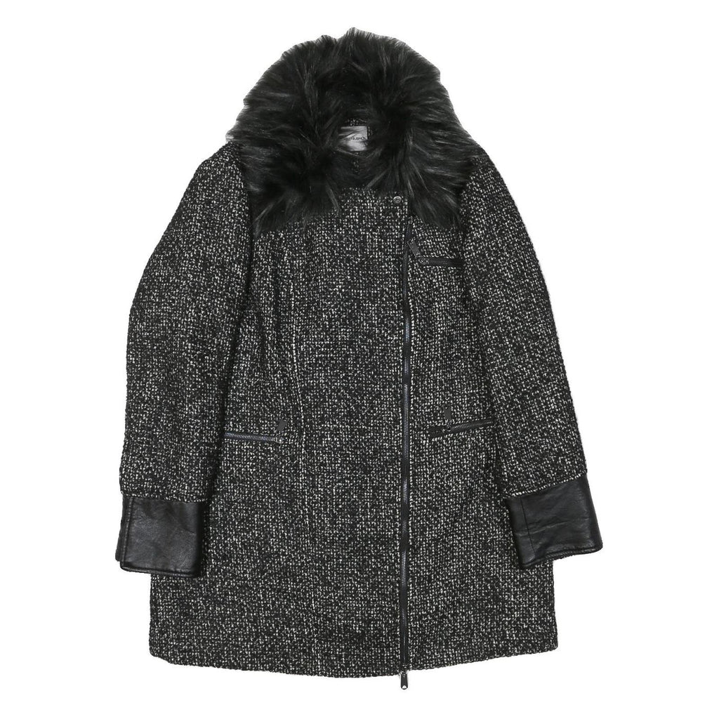 FIORELLI RUBINO Womens Black & Grey Tweed Wool Blend Jacket M Zip Faux Fur