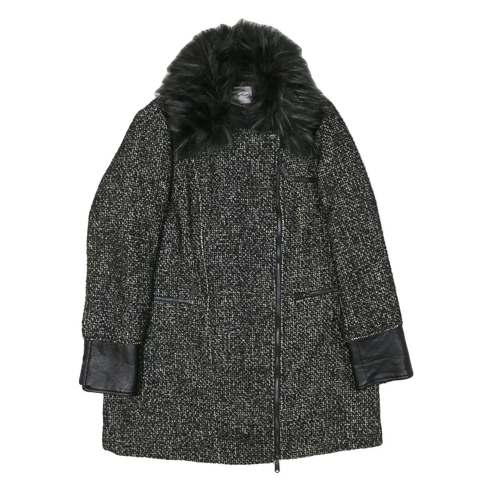 FIORELLI RUBINO Womens Black & Grey Tweed Wool Blend Jacket M Zip Faux Fur