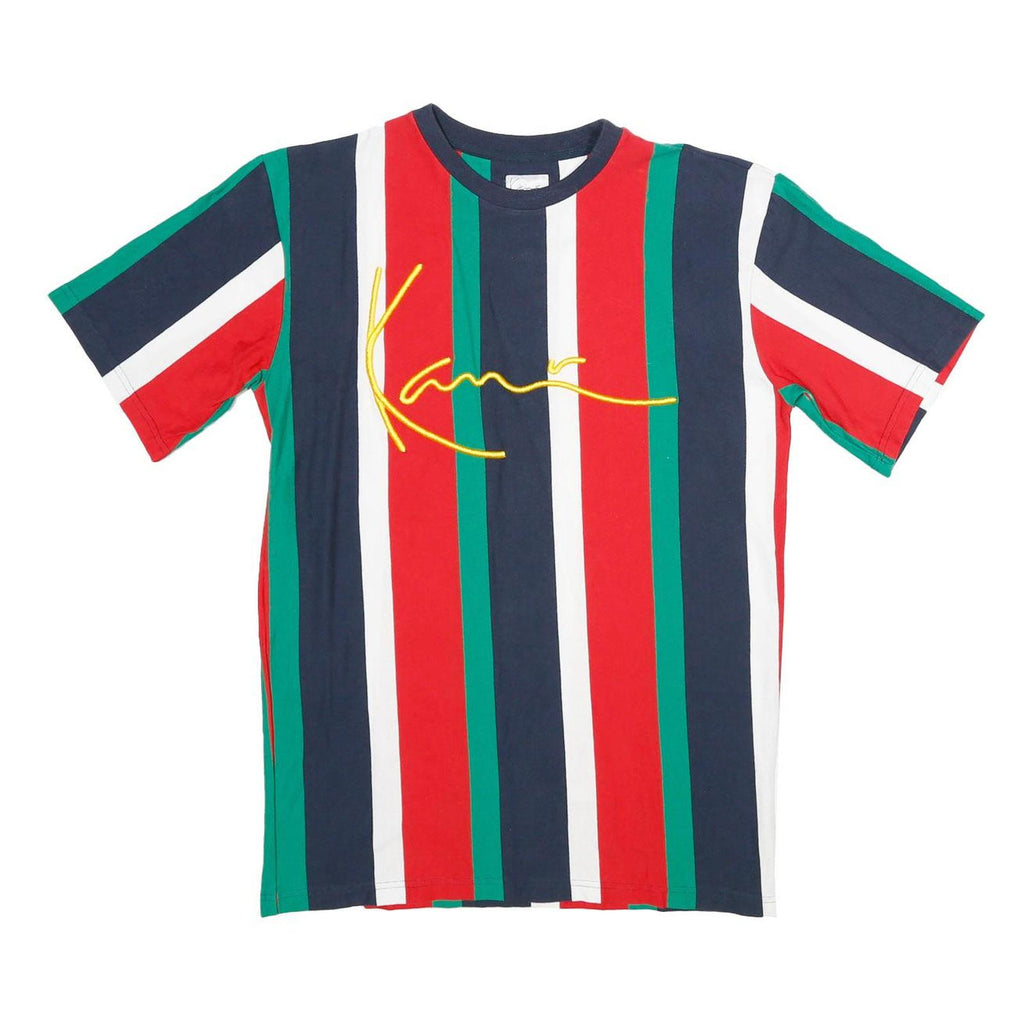 KARL KANI Mens Red & Green Striped Graphic T-Shirt S Short Sleeve Crew Neck