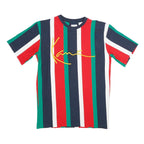 KARL KANI Mens Red & Green Striped Graphic T-Shirt S Short Sleeve Crew Neck
