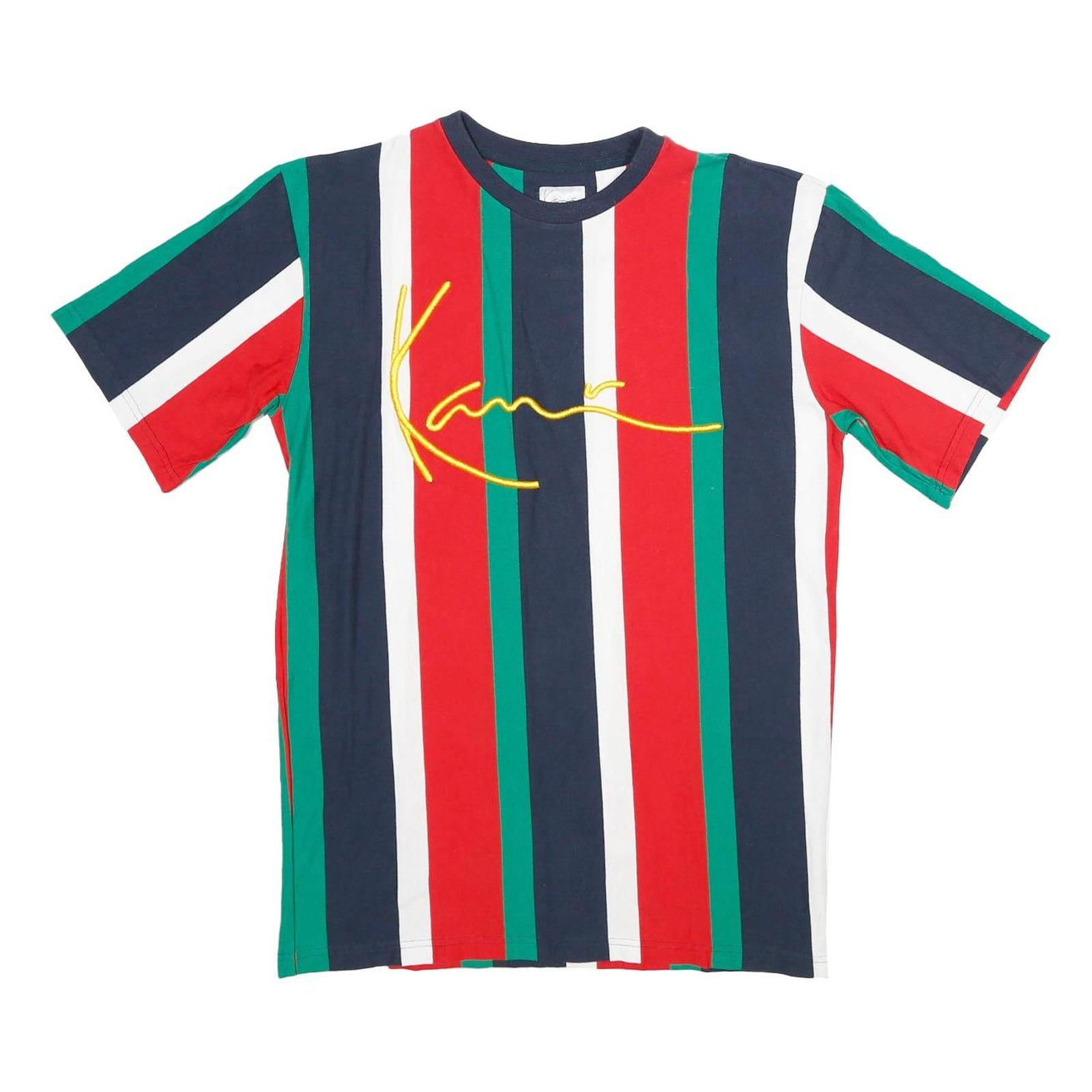 KARL KANI Mens Red & Green Striped Graphic T-Shirt S Short Sleeve Crew Neck