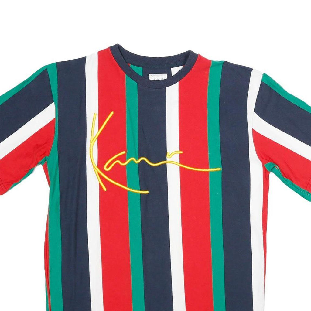 KARL KANI Mens Red & Green Striped Graphic T-Shirt S Short Sleeve Crew Neck