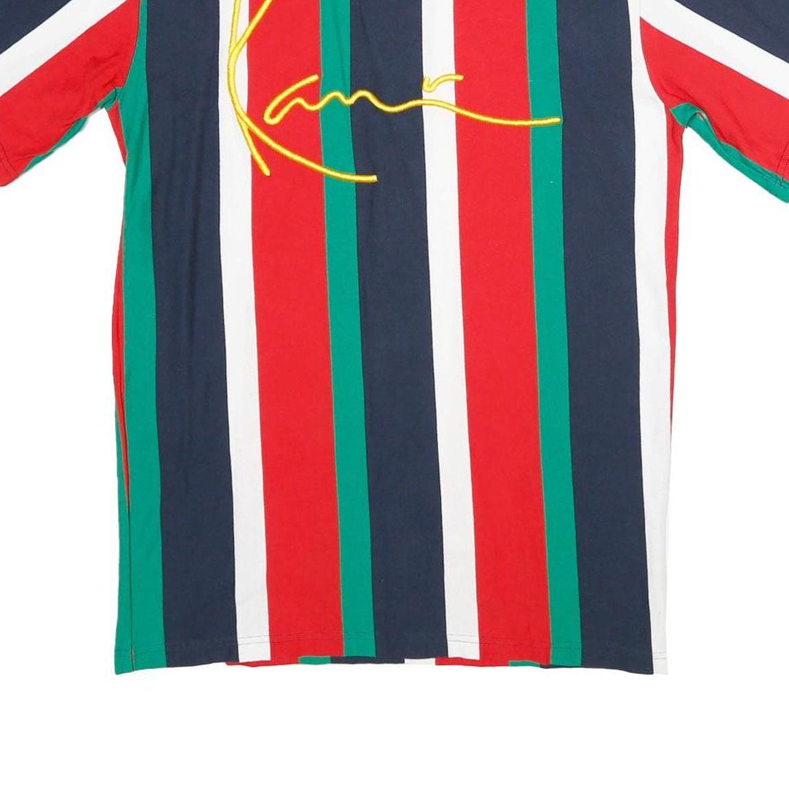 KARL KANI Mens Red & Green Striped Graphic T-Shirt S Short Sleeve Crew Neck