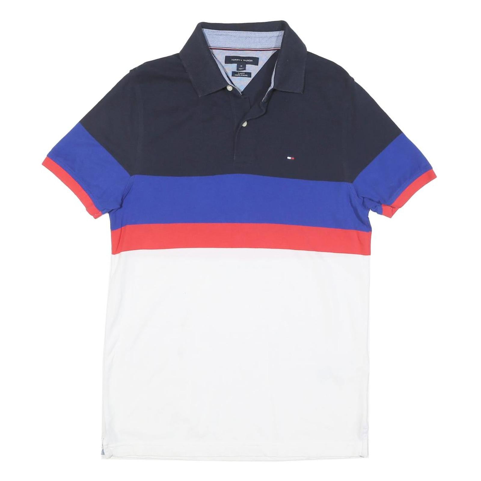 TOMMY HILFIGER Mens Blue Red & White Polo Shirt Short Sleeve M Cotton Blend