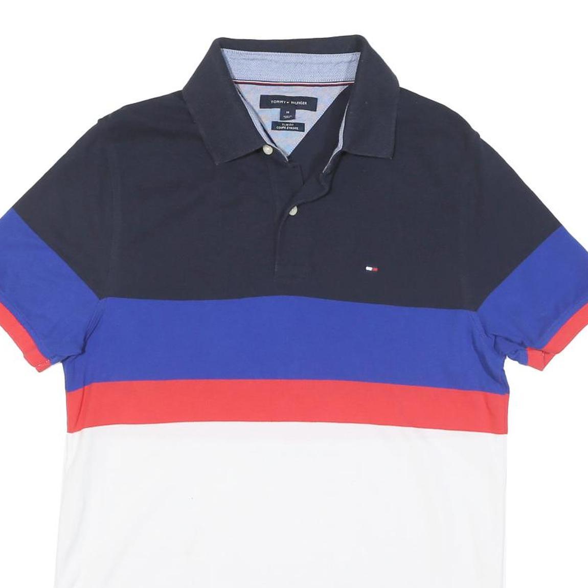 TOMMY HILFIGER Mens Blue Red & White Polo Shirt Short Sleeve M Cotton Blend
