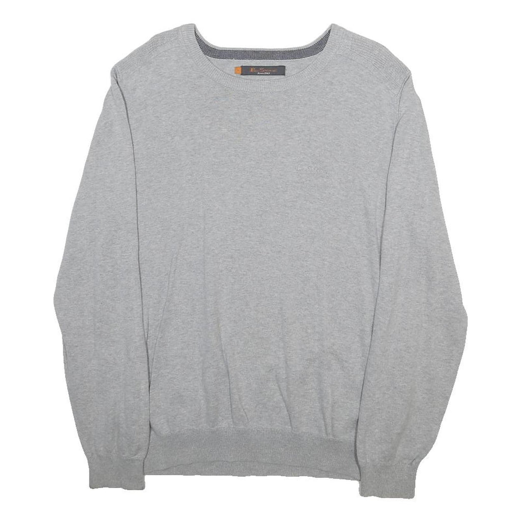 BEN SHERMAN Mens Grey Plain Cotton Jumper Crew Neck Basic Knit L Casual Knitwear