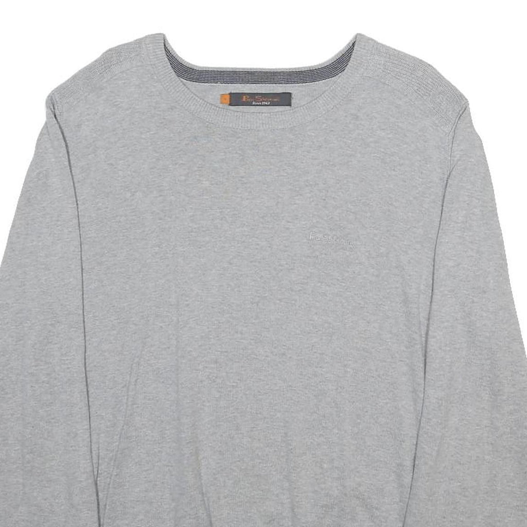 BEN SHERMAN Mens Grey Plain Cotton Jumper Crew Neck Basic Knit L Casual Knitwear