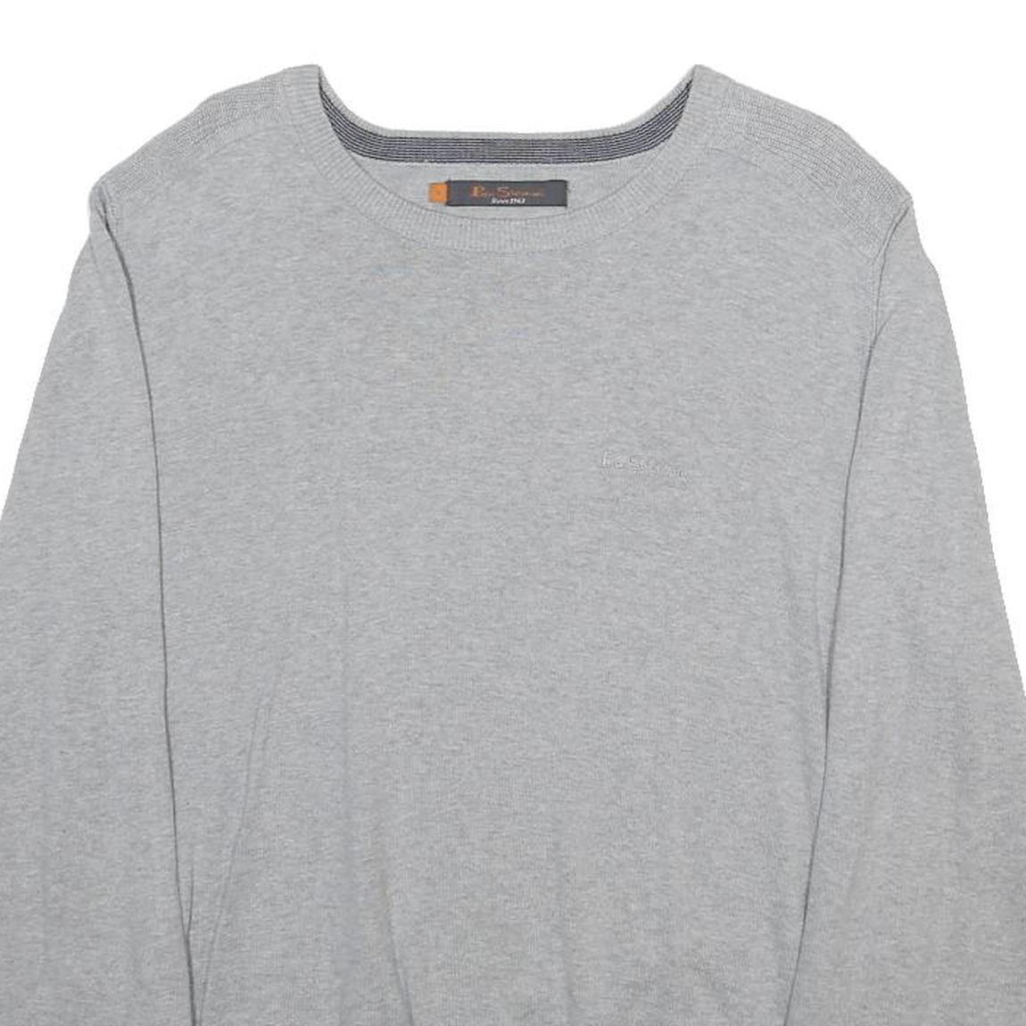 BEN SHERMAN Mens Grey Plain Cotton Jumper Crew Neck Basic Knit L Casual Knitwear