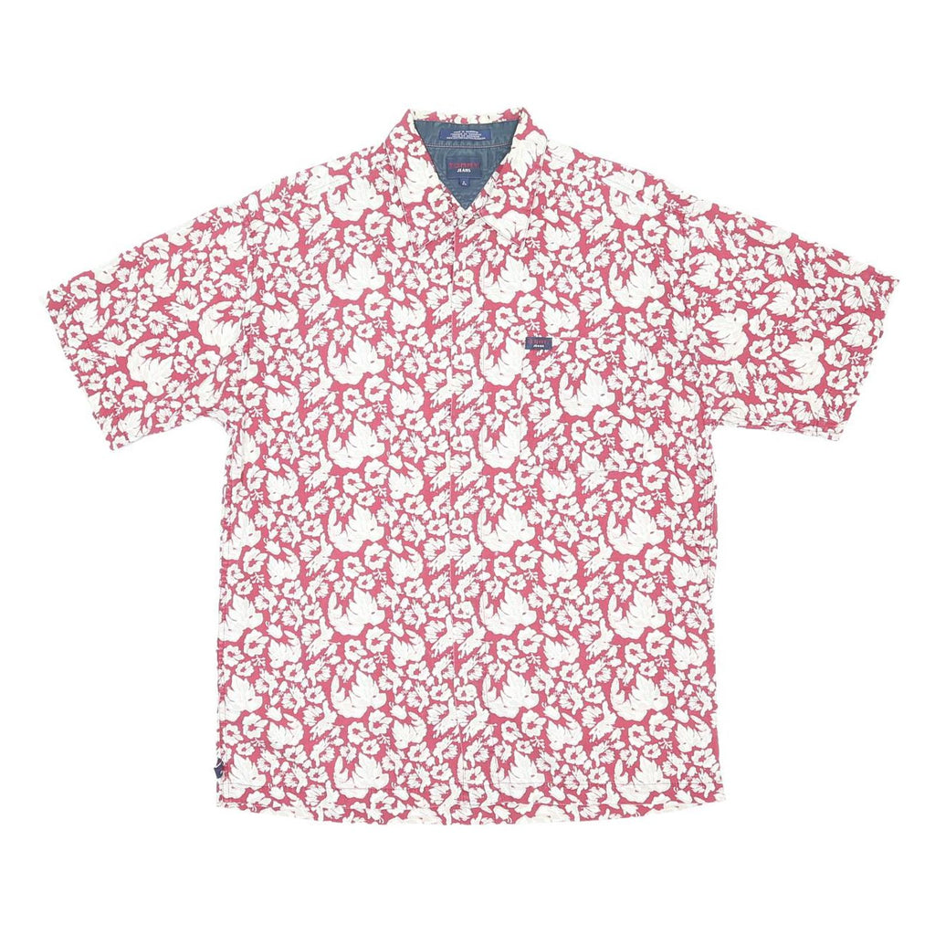 TOMMY JEANS Mens Red & White Floral Cotton Shirt L Summer Casual Short Sleeve