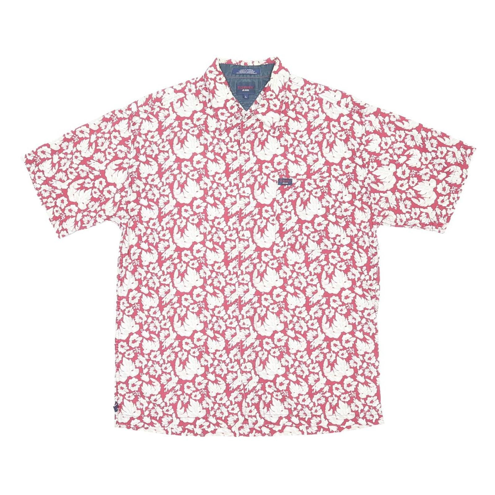 TOMMY JEANS Mens Red & White Floral Cotton Shirt L Summer Casual Short Sleeve