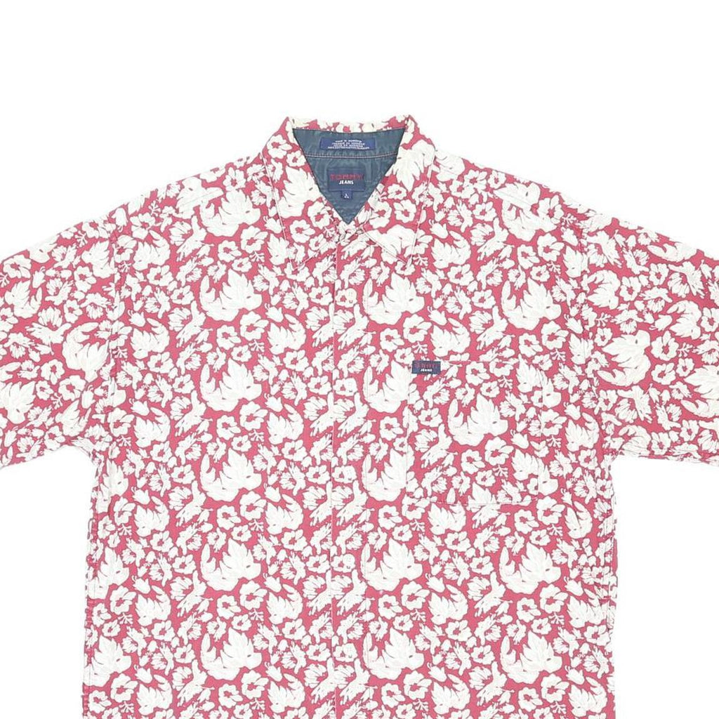 TOMMY JEANS Mens Red & White Floral Cotton Shirt L Summer Casual Short Sleeve