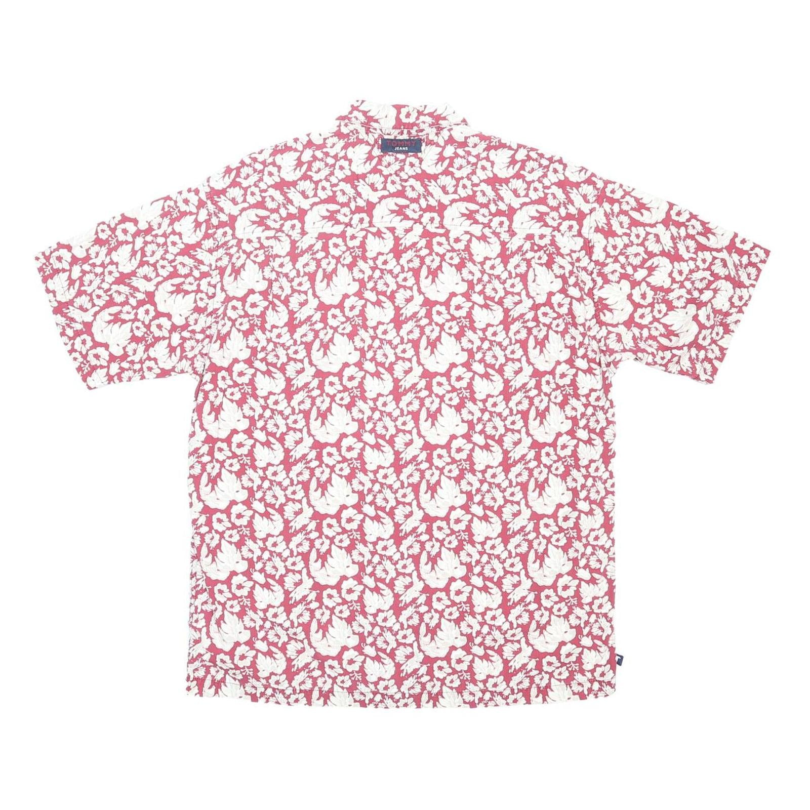 TOMMY JEANS Mens Red & White Floral Cotton Shirt L Summer Casual Short Sleeve
