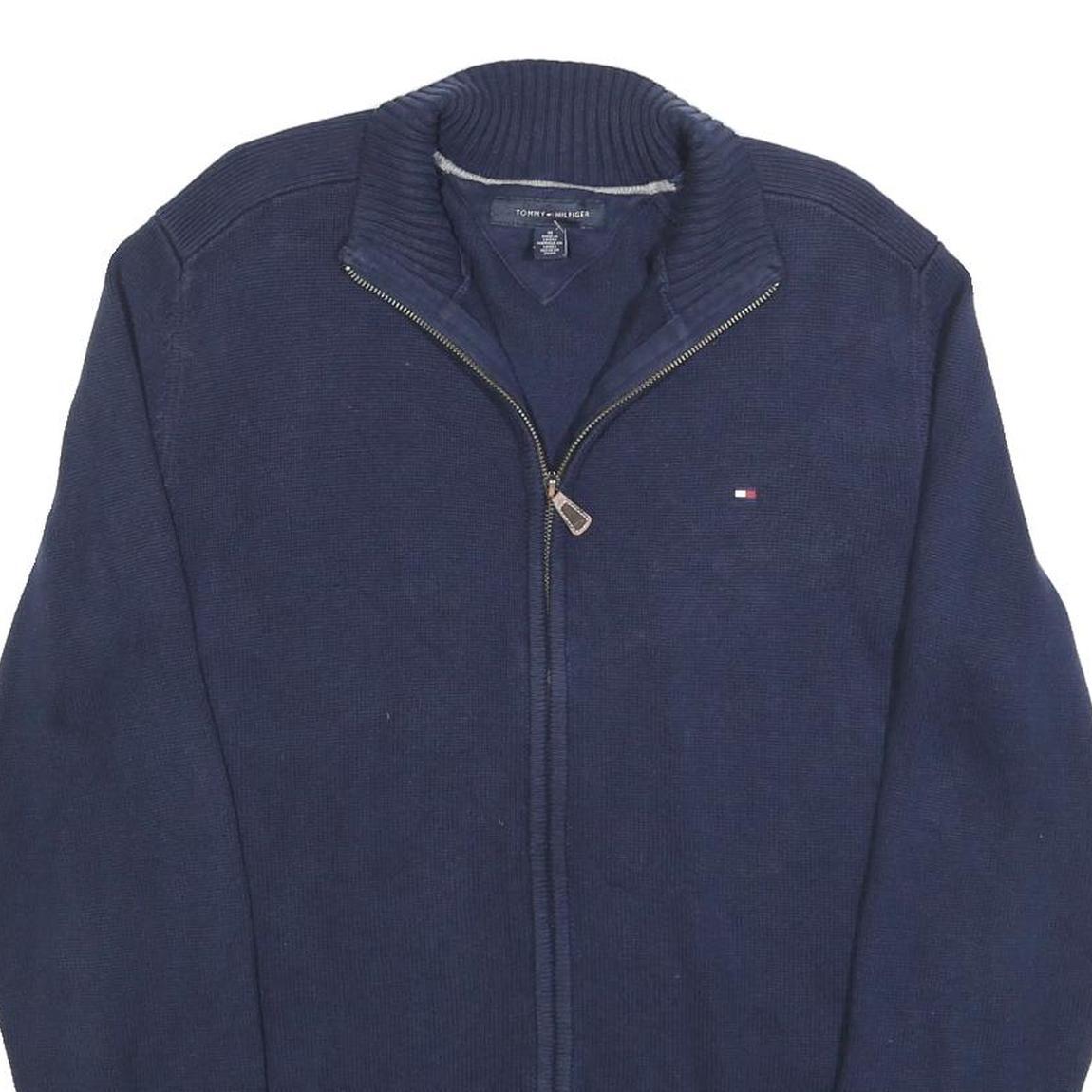 TOMMY HILFIGER Mens Blue Plain Full Zip Crew Neck Basic Knit M Cotton Jumper