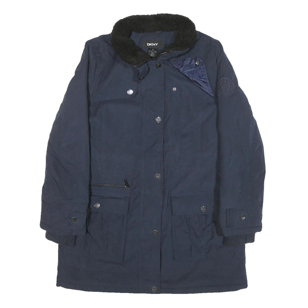 DKNY Womens Navy Blue Flight Jacket M Polyester Blend Zip Zip Pockets Warm Coat