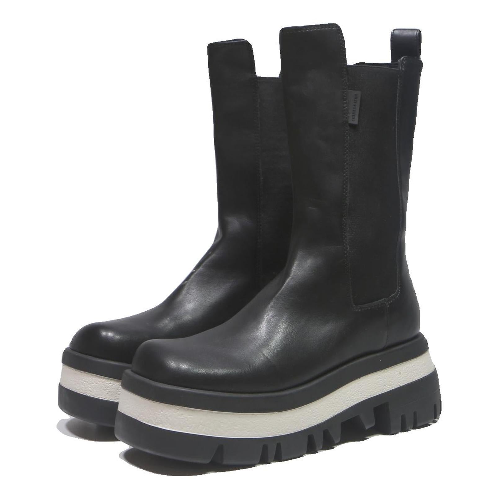 CHARLES & KEITH Womens Chunky Platform Chelsea Boots Black Leather UK 4 Stylish