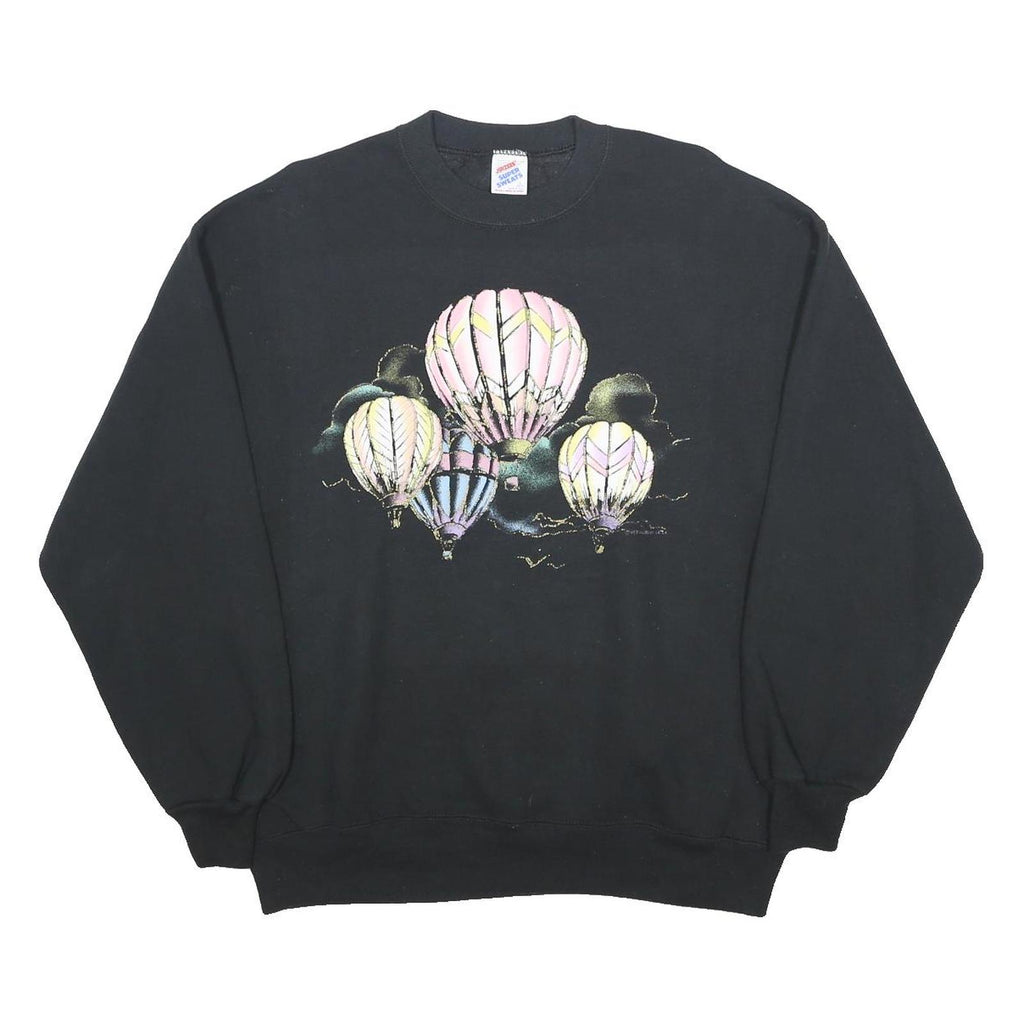 JERZEES Womens Black Crew Neck L Sweatshirt Hot Air Balloon Graphic Cotton Blend