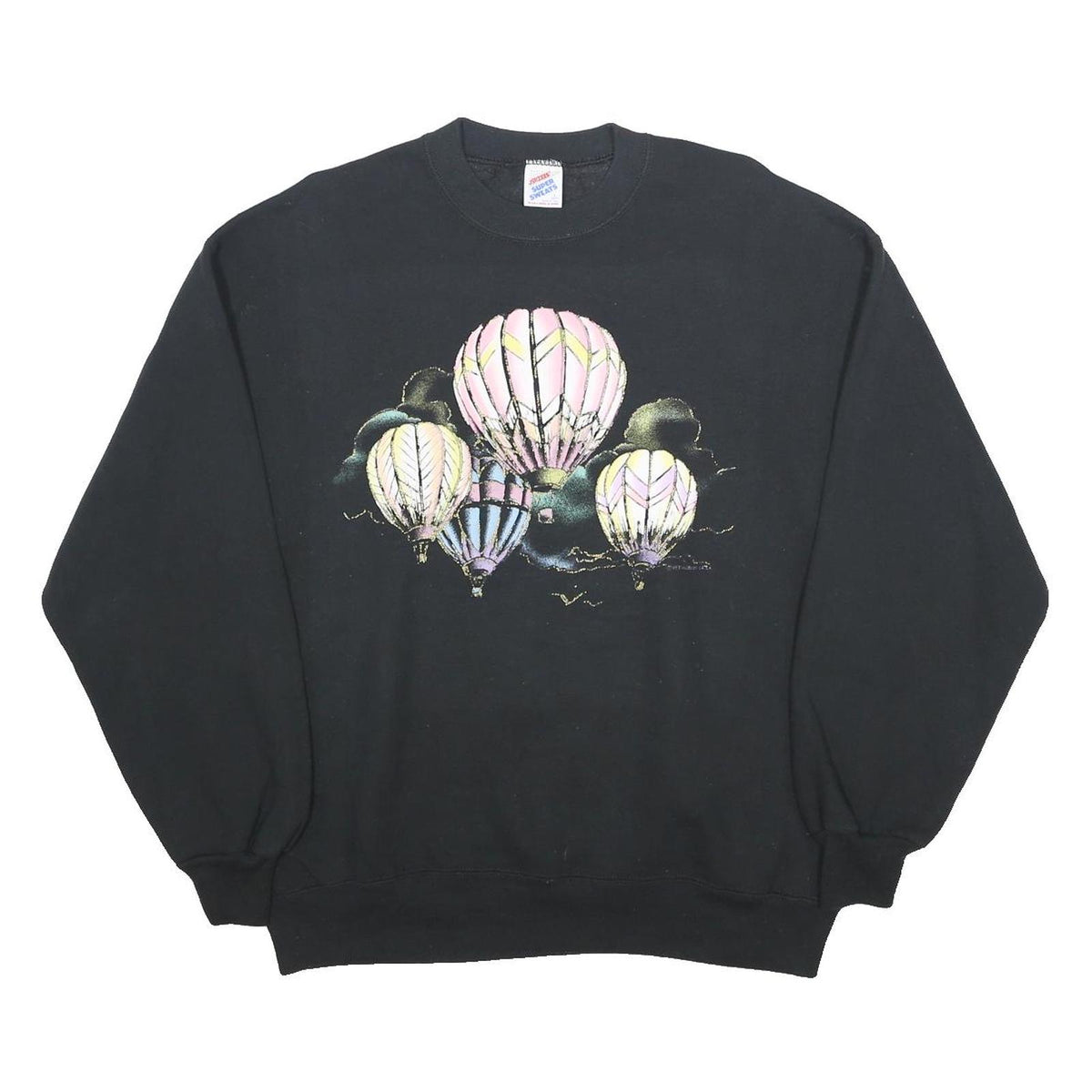 JERZEES Womens Black Crew Neck L Sweatshirt Hot Air Balloon Graphic Cotton Blend