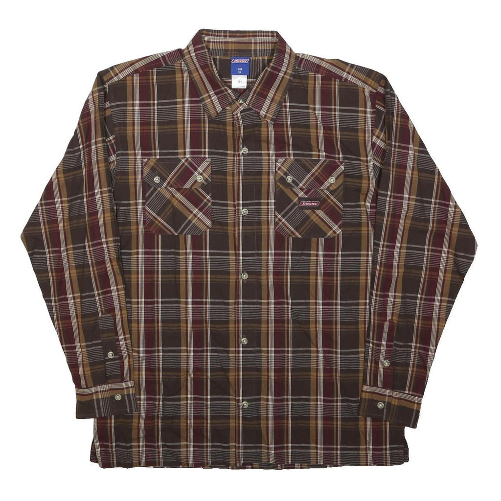 DICKIES Boys Brown & Maroon Plaid Shirt M Cotton Long Sleeve Workwear
