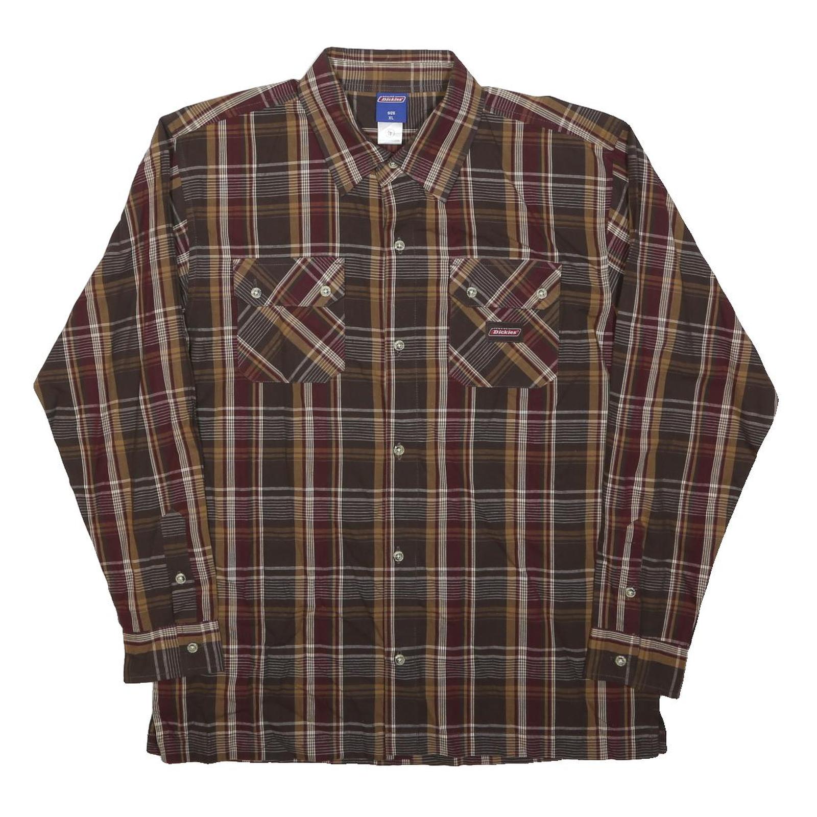 DICKIES Boys Brown & Maroon Plaid Shirt M Cotton Long Sleeve Workwear