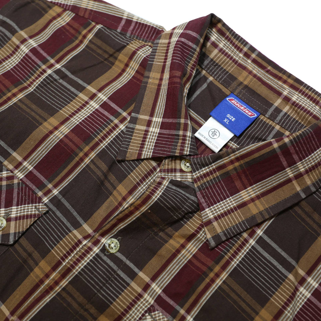 DICKIES Boys Brown & Maroon Plaid Shirt M Cotton Long Sleeve Workwear