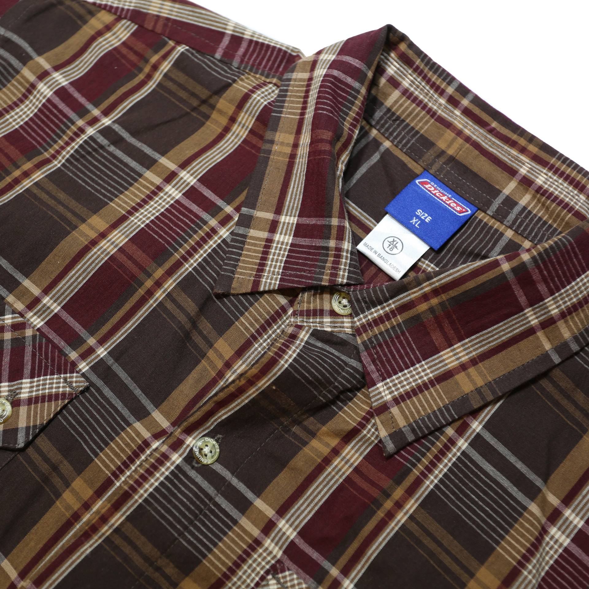 DICKIES Boys Brown & Maroon Plaid Shirt M Cotton Long Sleeve Workwear