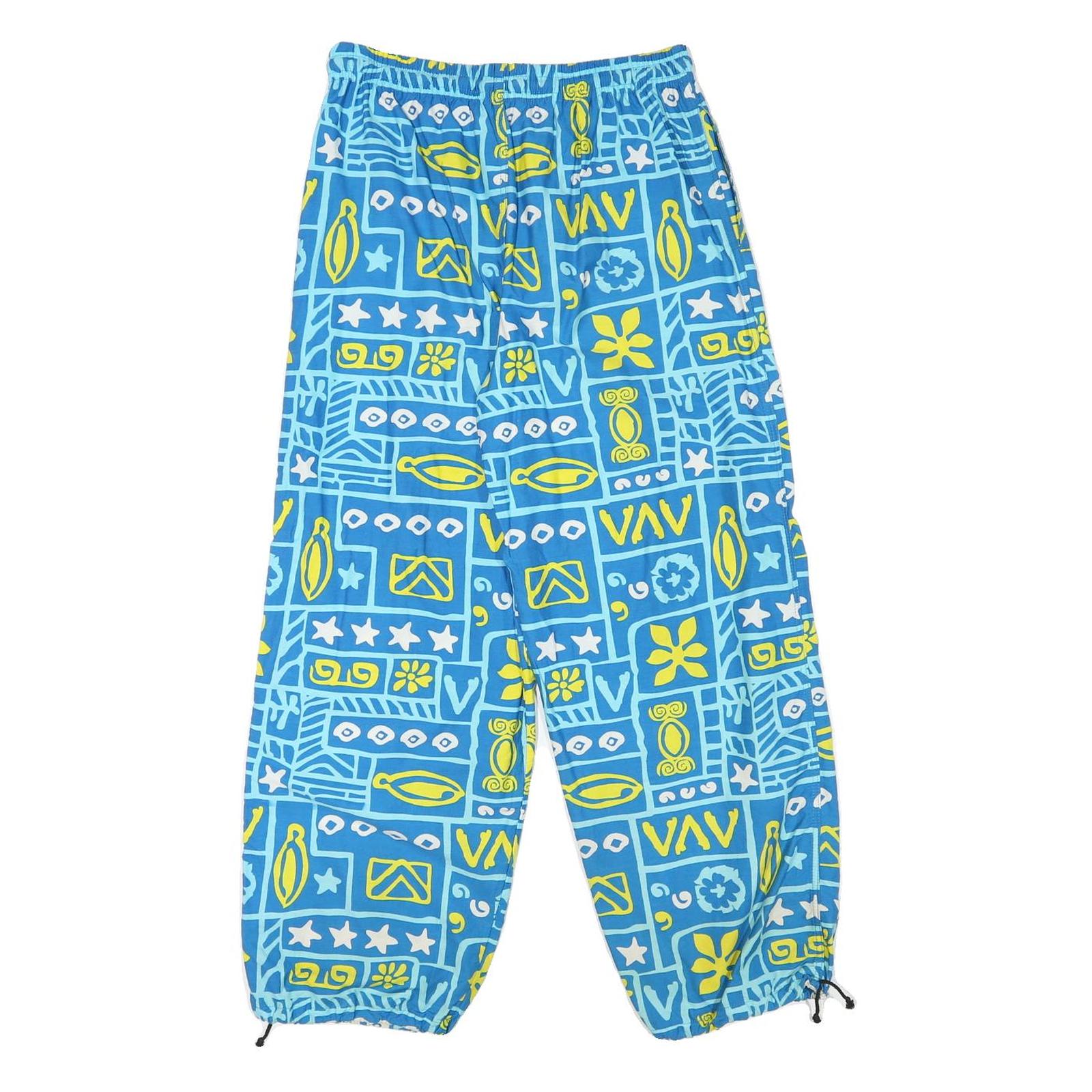 Mens Blue Cotton Blend Relaxed Drawstring Patterned Trousers W28 L26 Casual